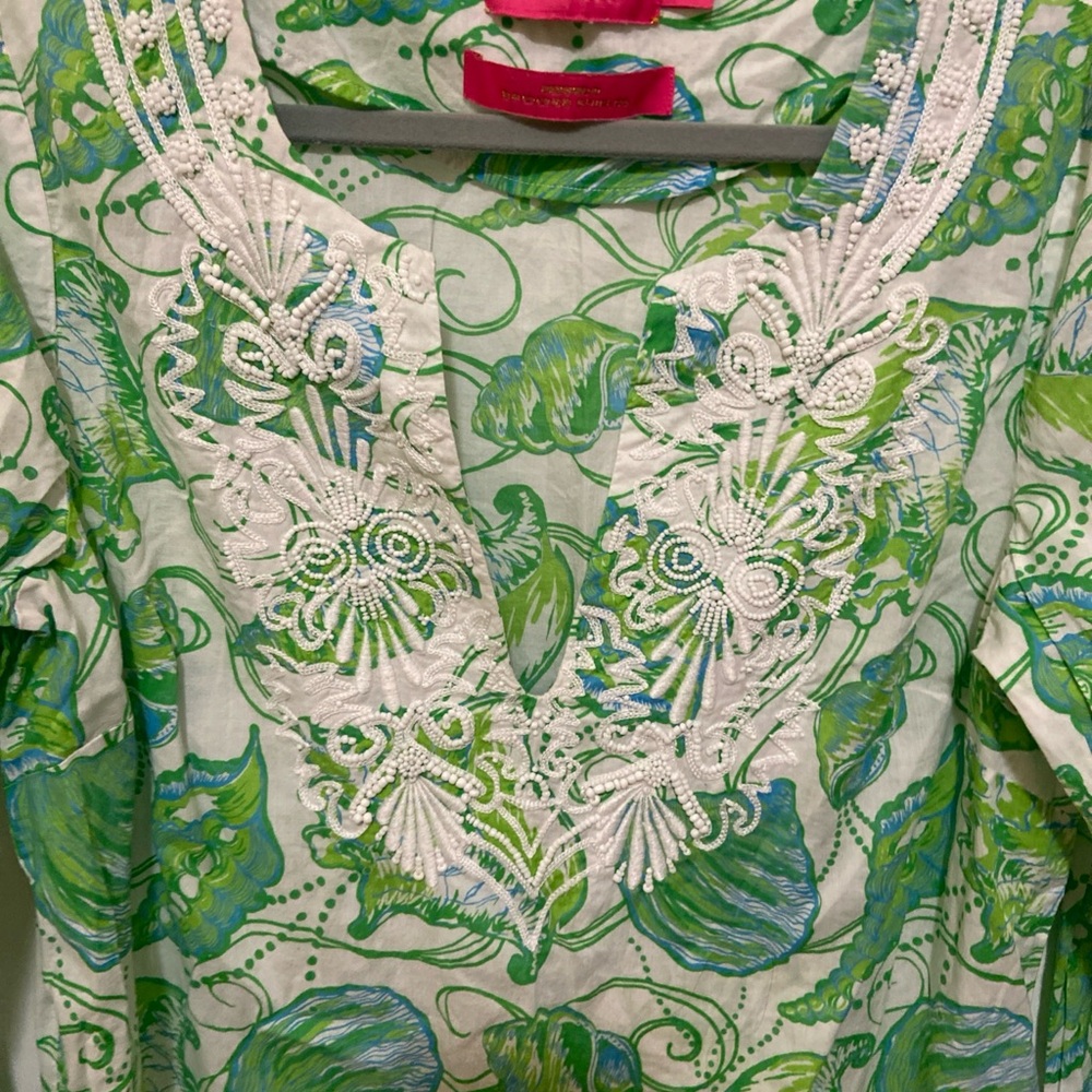 Lilly Pulitzer Jubilee Brooke Shields Green Blue white Beaded Tunic Dress Sz L